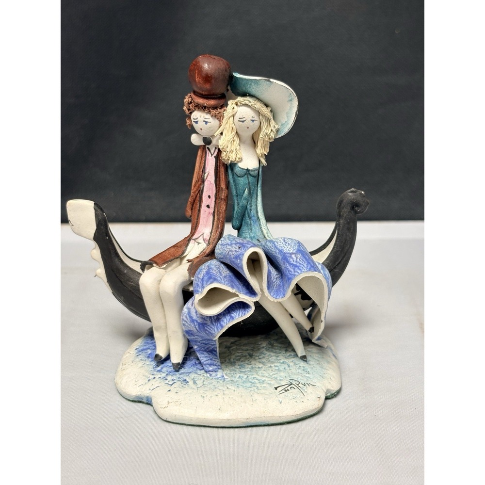 Fatto A Mano Figurine Signed Italian Pastel Ceramica Couple on Boat Zampiva